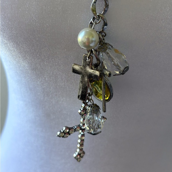 Fashion Long Necklace Pearls Crystals Rhinestone Cross Silver Chunky - Picture 3 of 5